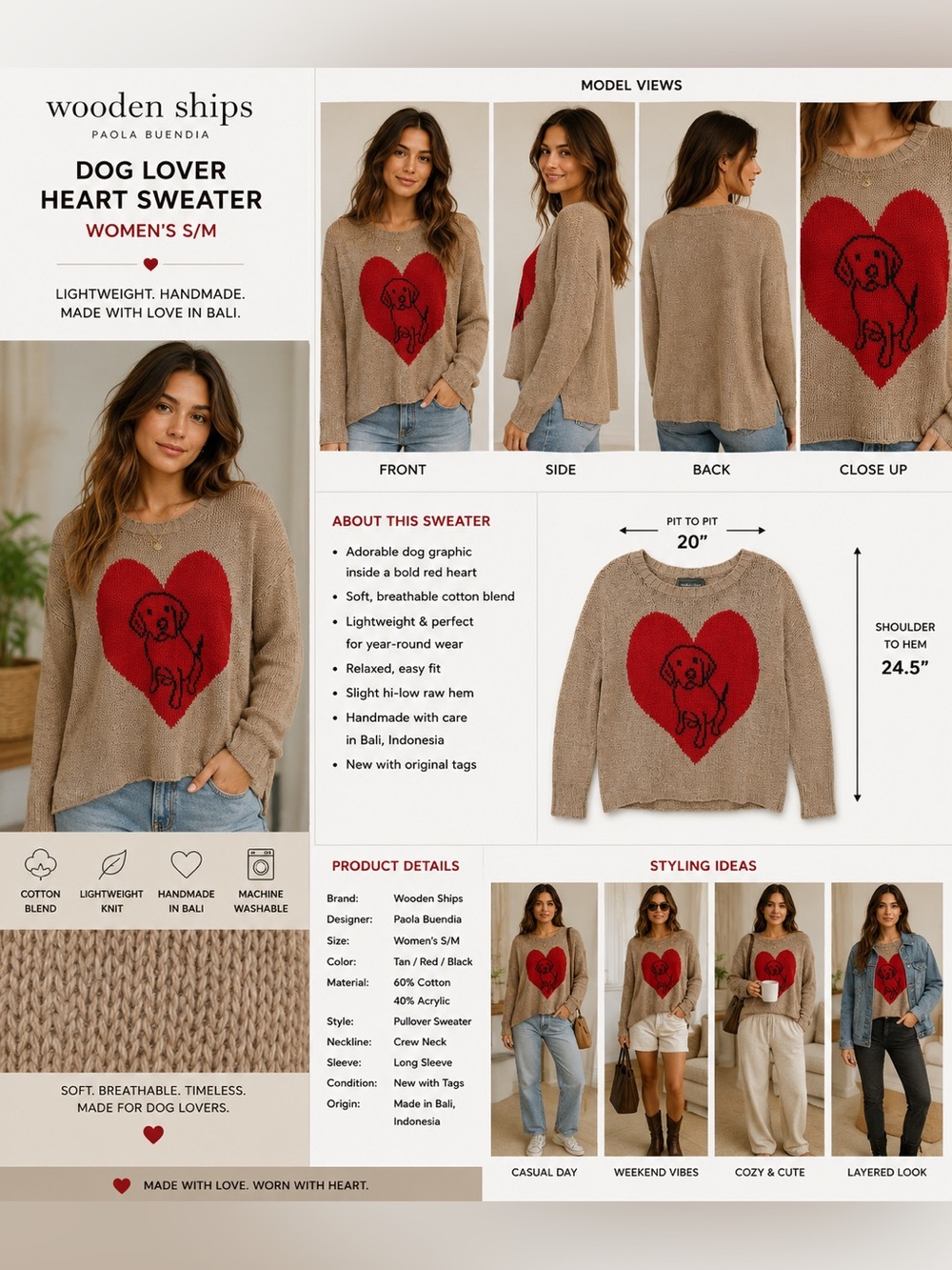 Wooden Ships Dog Lover Heart Cotton Knit Sweater Tan Red Pullover Women's S/M